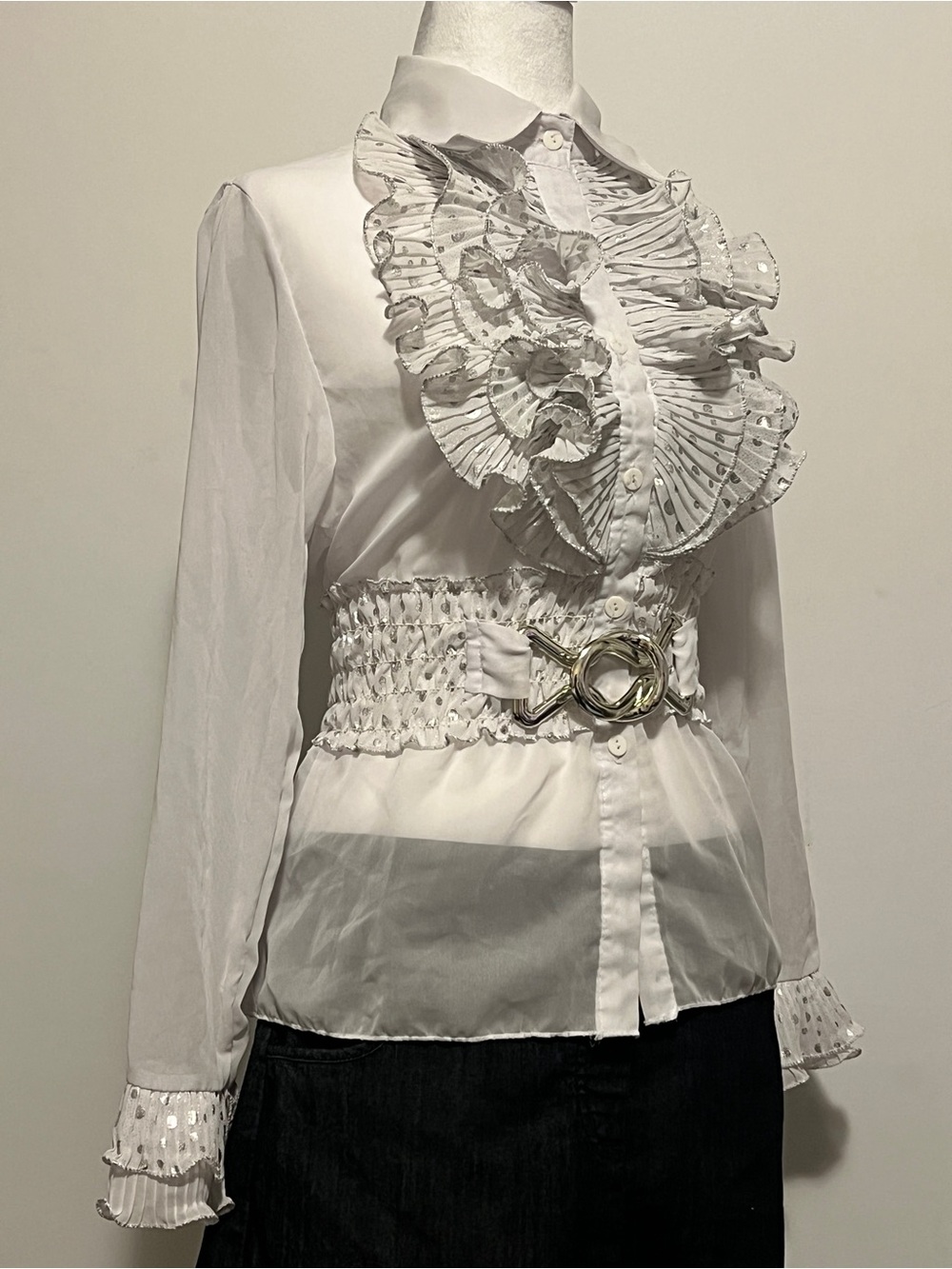 White Sheer Ruffle Front Blouse with Waist Belt